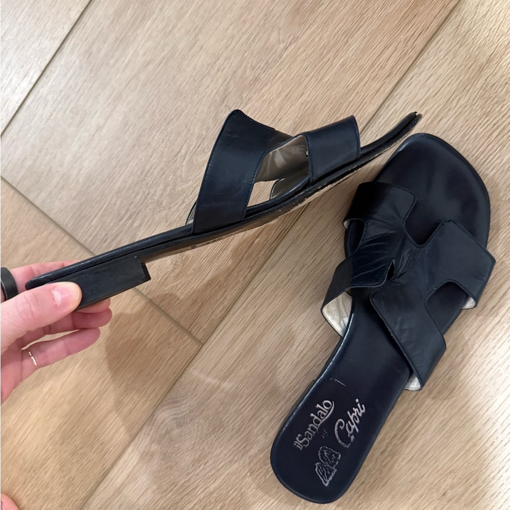 Black Leather Slide Sandals